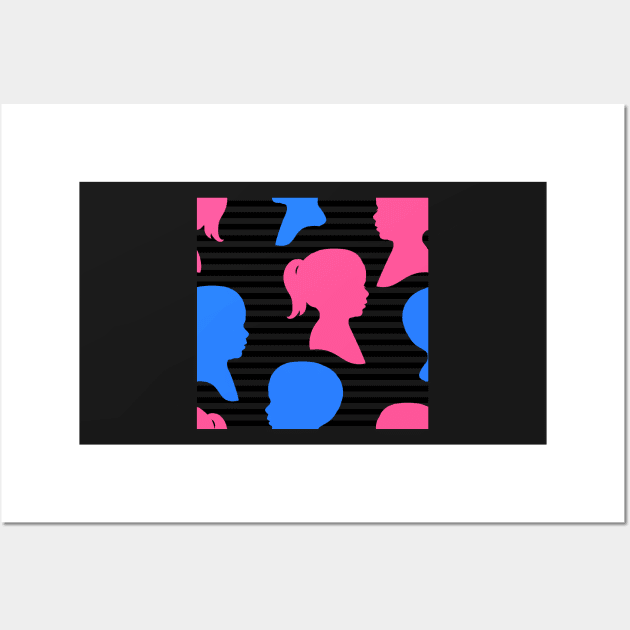 Child Silhouettes - Pink and Blue on Stripped Background Wall Art by A2Gretchen